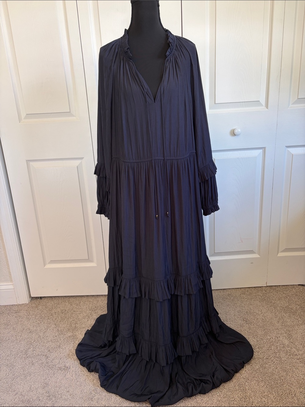 Marie Oliver Cove Maxi Dress Navy Blue Tiered Ruffle Long Sleeve L Modest Boho